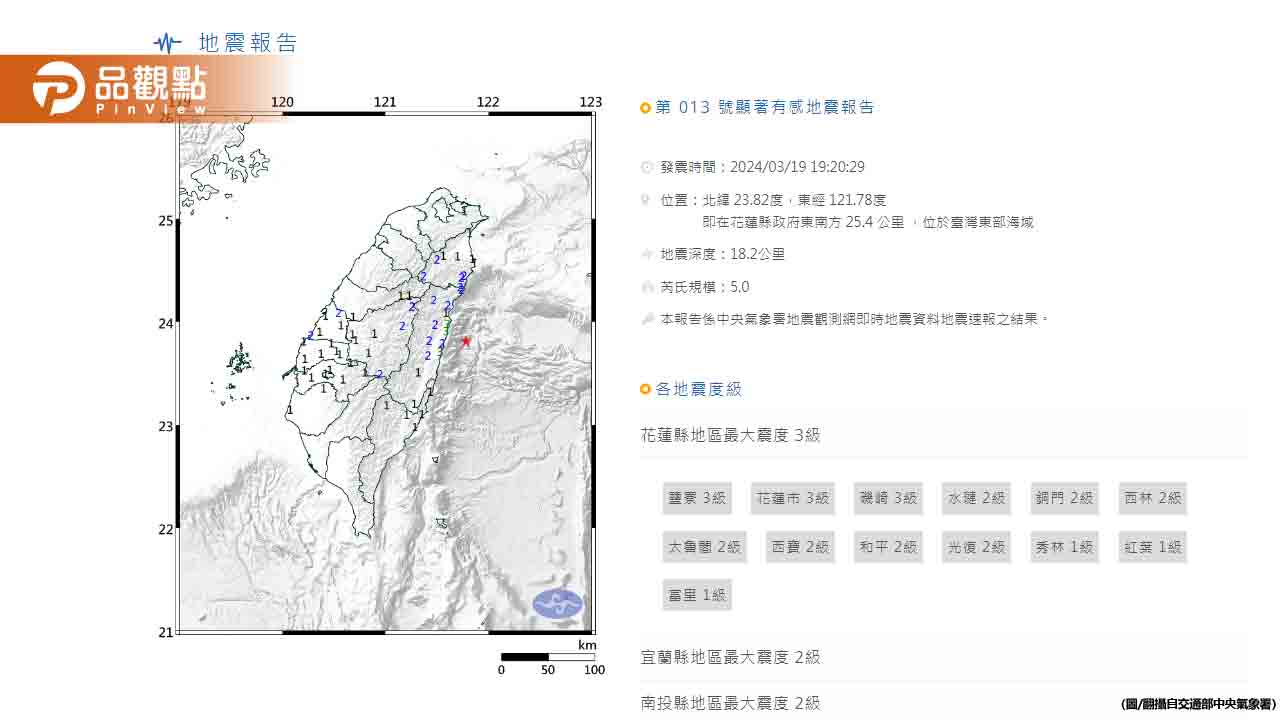 台灣東部海域發生5.0規模地震，花蓮最大震度3級