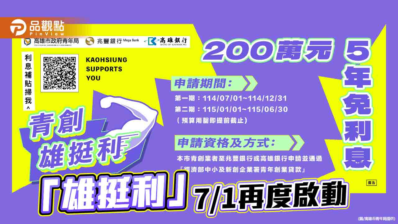 「雄挺利」青創貸款利息補貼7/1開跑  助青年紮穩根基拚市場