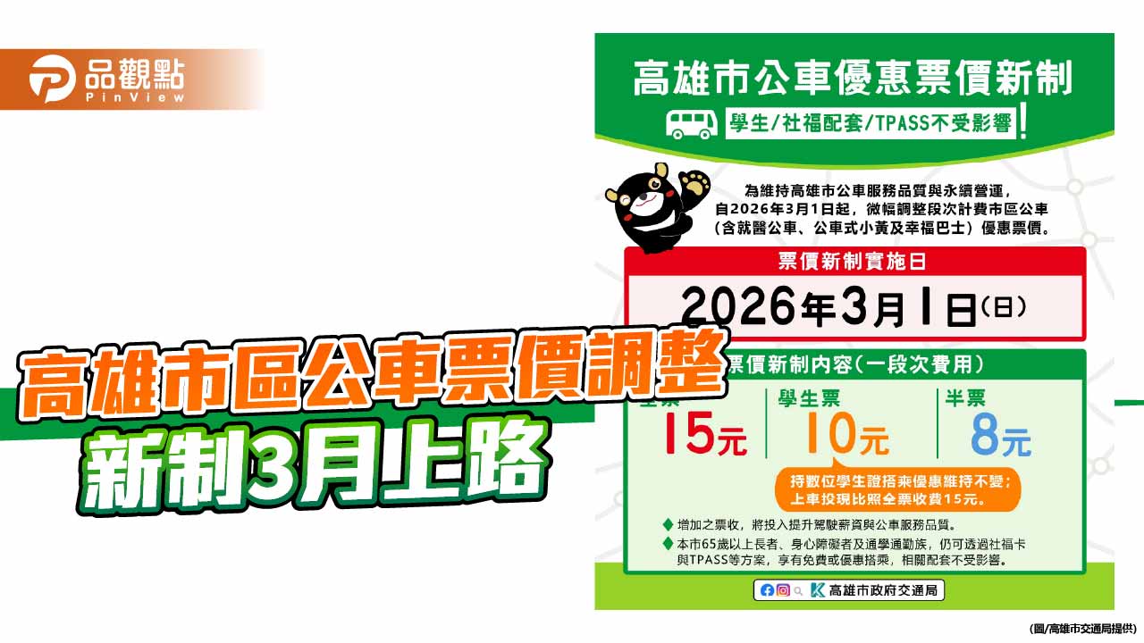 高雄市區公車優惠票價3月調整　學生與TPASS族群不受影響